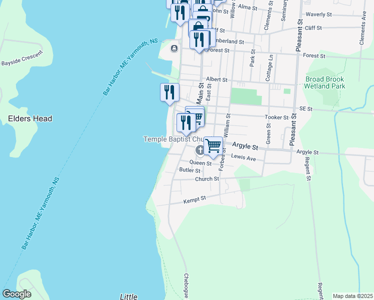 map of restaurants, bars, coffee shops, grocery stores, and more near 73 Main Street in Yarmouth