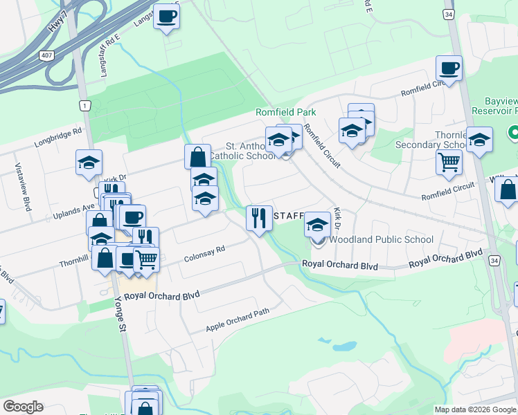 map of restaurants, bars, coffee shops, grocery stores, and more near 33 Thorny Brae Drive in Markham