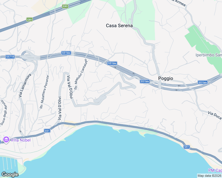map of restaurants, bars, coffee shops, grocery stores, and more near 194 Via Val D'Olivi in Sanremo