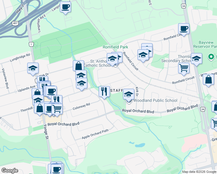 map of restaurants, bars, coffee shops, grocery stores, and more near 37 Portree Crescent in Markham