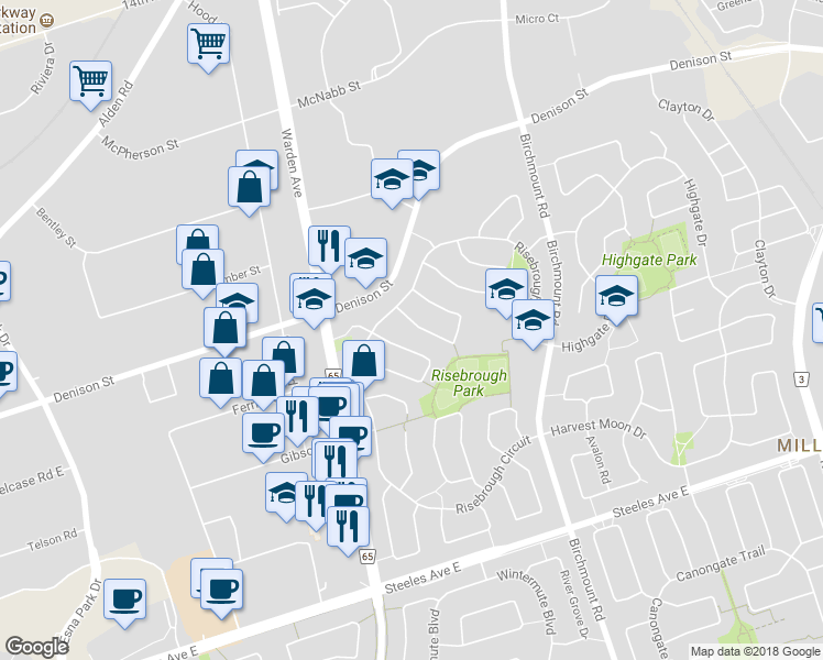map of restaurants, bars, coffee shops, grocery stores, and more near 10 Barrington Crescent in Markham