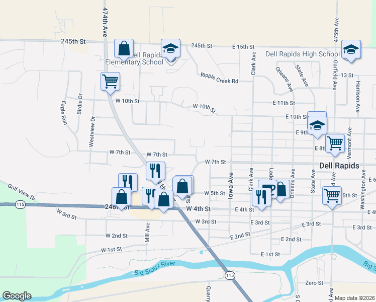 map of restaurants, bars, coffee shops, grocery stores, and more near 201 Sunset Drive in Dell Rapids
