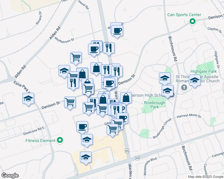map of restaurants, bars, coffee shops, grocery stores, and more near 7170 Warden Avenue in Markham