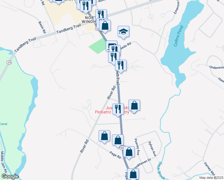 map of restaurants, bars, coffee shops, grocery stores, and more near 1024 River Road in Windham