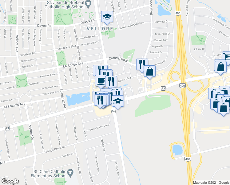 map of restaurants, bars, coffee shops, grocery stores, and more near 9311 Weston Road in Vaughan