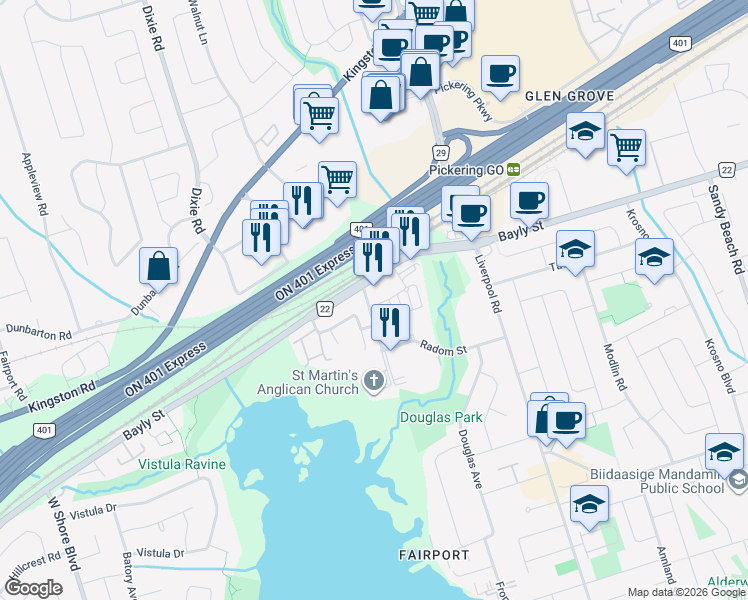 map of restaurants, bars, coffee shops, grocery stores, and more near 1215 Bayly Street in Pickering