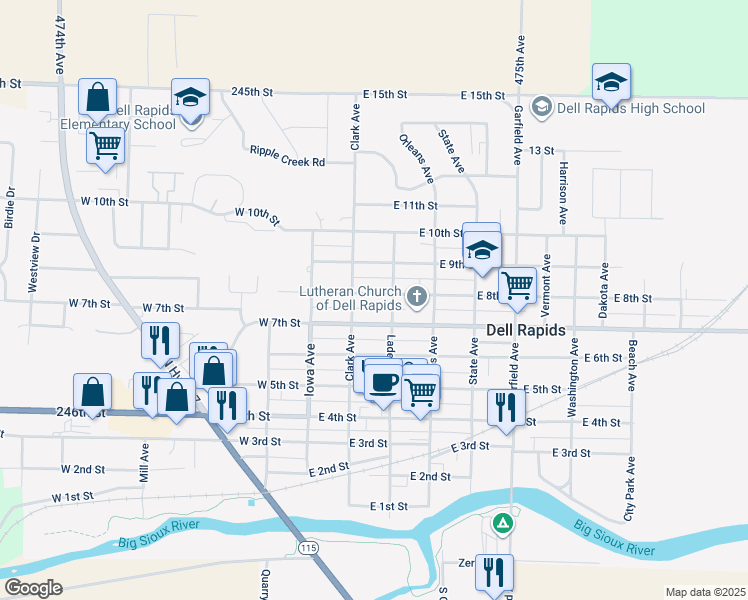 map of restaurants, bars, coffee shops, grocery stores, and more near 307 East 8th Street in Dell Rapids