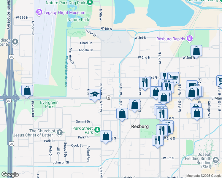 map of restaurants, bars, coffee shops, grocery stores, and more near 438 West Main Street in Rexburg