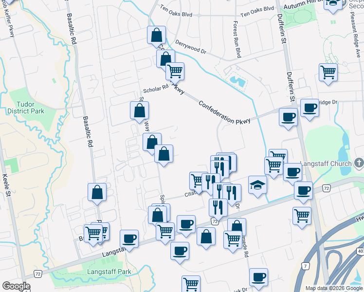 map of restaurants, bars, coffee shops, grocery stores, and more near 50 Casmir Court in Vaughan