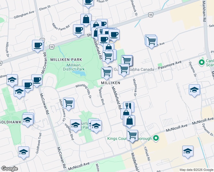 map of restaurants, bars, coffee shops, grocery stores, and more near 263 Ingleton Boulevard in Toronto