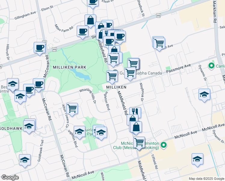 map of restaurants, bars, coffee shops, grocery stores, and more near 263 Ingleton Boulevard in Toronto