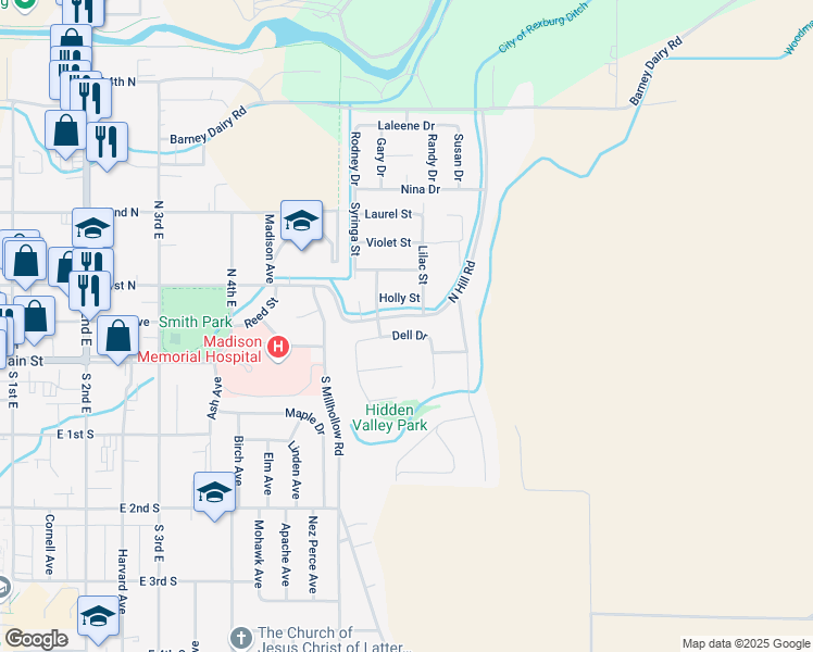 map of restaurants, bars, coffee shops, grocery stores, and more near 661 Dell Drive in Rexburg