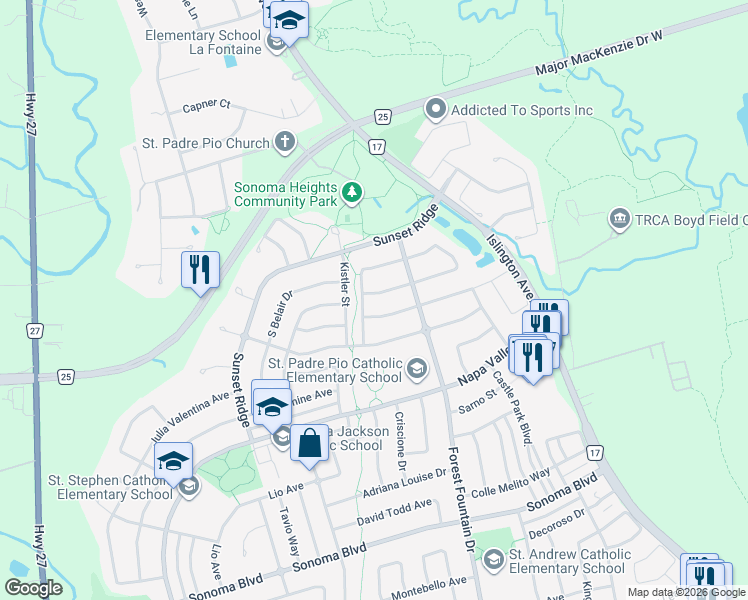 map of restaurants, bars, coffee shops, grocery stores, and more near 41 Sequoia Road in Vaughan