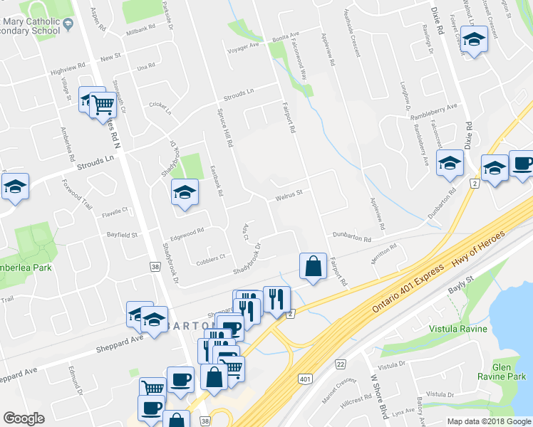 map of restaurants, bars, coffee shops, grocery stores, and more near 1766 Spruce Hill Road in Pickering