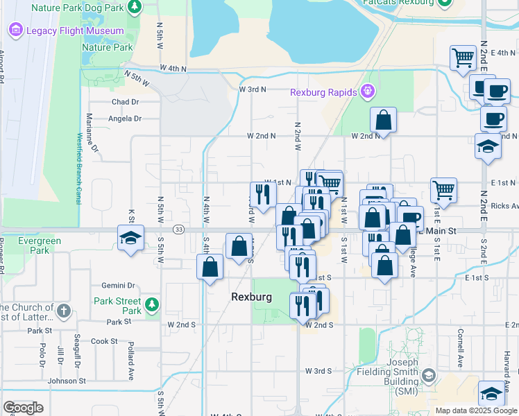map of restaurants, bars, coffee shops, grocery stores, and more near 167 West Main Street in Rexburg