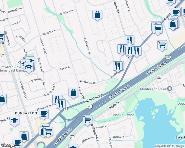 map of restaurants, bars, coffee shops, grocery stores, and more near in Pickering