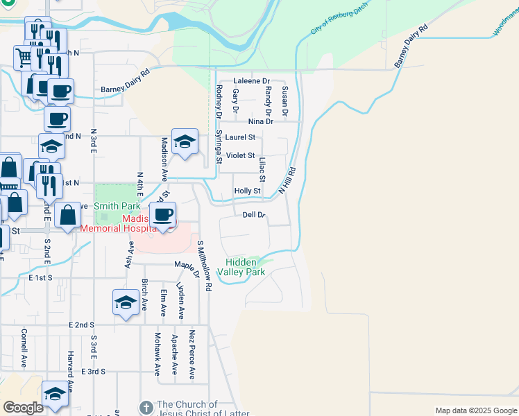 map of restaurants, bars, coffee shops, grocery stores, and more near 661 Dell Drive in Rexburg