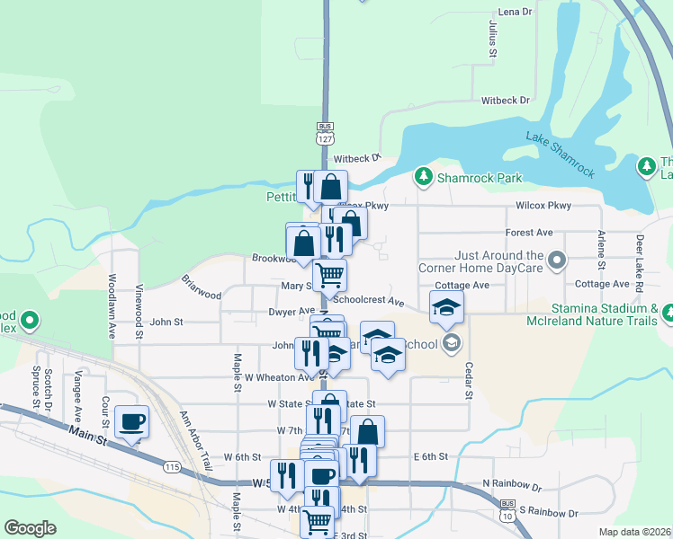 map of restaurants, bars, coffee shops, grocery stores, and more near 1410 N McEwan St in Clare