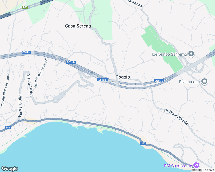 map of restaurants, bars, coffee shops, grocery stores, and more near 66 Via Salita Poggio in Sanremo