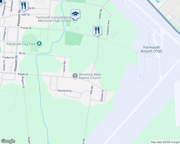 map of restaurants, bars, coffee shops, grocery stores, and more near 14 Haley Road in Yarmouth