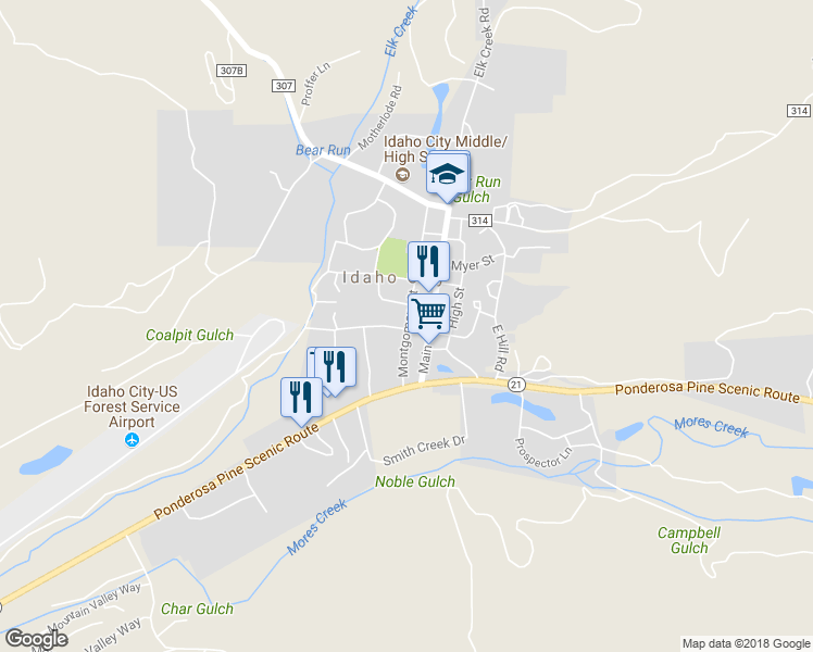 map of restaurants, bars, coffee shops, grocery stores, and more near 215 Montgomery Street in Idaho City