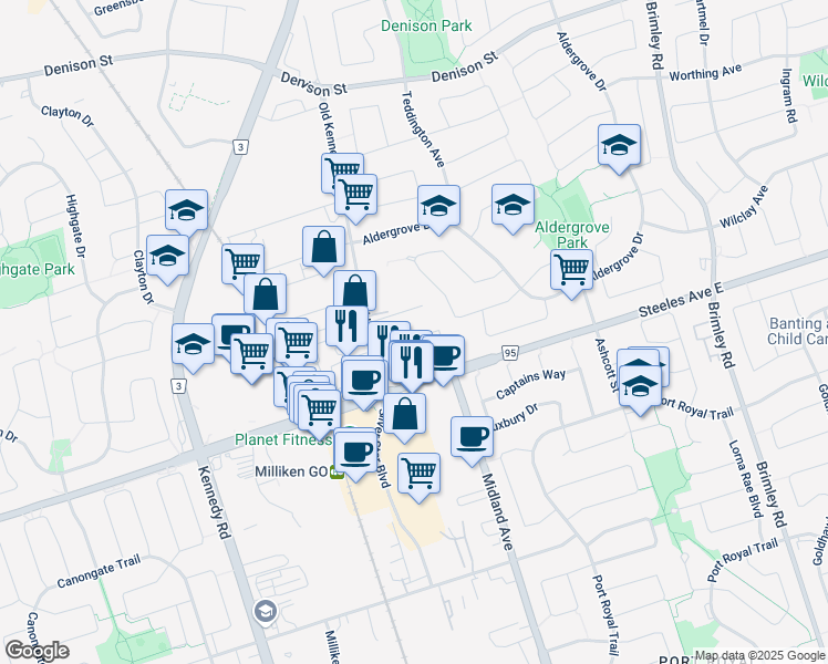 map of restaurants, bars, coffee shops, grocery stores, and more near in Markham