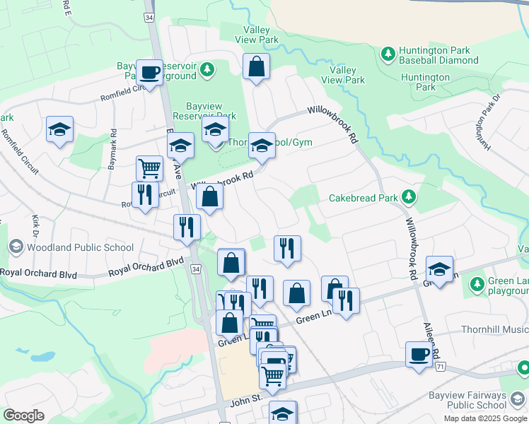 map of restaurants, bars, coffee shops, grocery stores, and more near in Markham