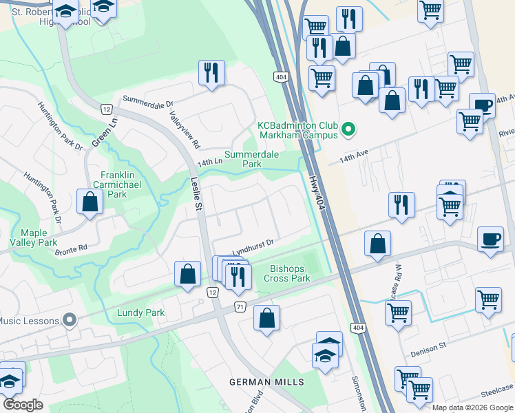 map of restaurants, bars, coffee shops, grocery stores, and more near 1 Atwood Court in Markham