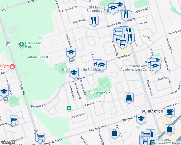 map of restaurants, bars, coffee shops, grocery stores, and more near 582 Strouds Lane in Pickering