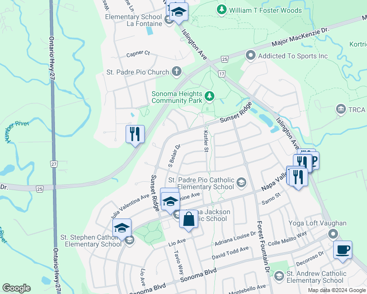 map of restaurants, bars, coffee shops, grocery stores, and more near 135 South Belair Drive in Vaughan