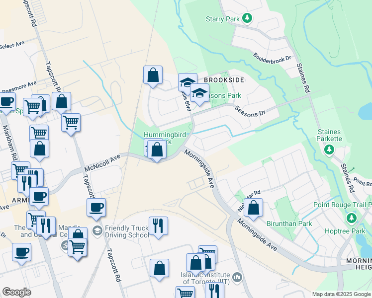 map of restaurants, bars, coffee shops, grocery stores, and more near 2885 Morningside Avenue in Toronto