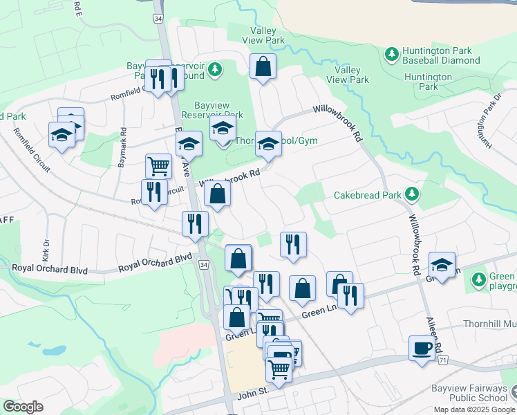 map of restaurants, bars, coffee shops, grocery stores, and more near 27 Tamarack Drive in Markham