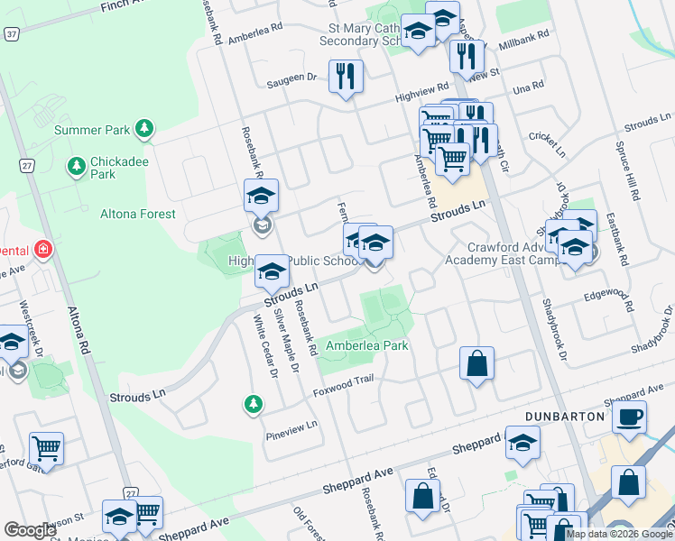 map of restaurants, bars, coffee shops, grocery stores, and more near 584 Strouds Lane in Pickering