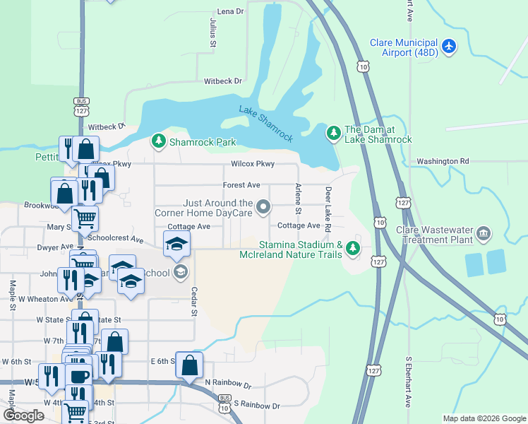 map of restaurants, bars, coffee shops, grocery stores, and more near 1205 Park in Clare