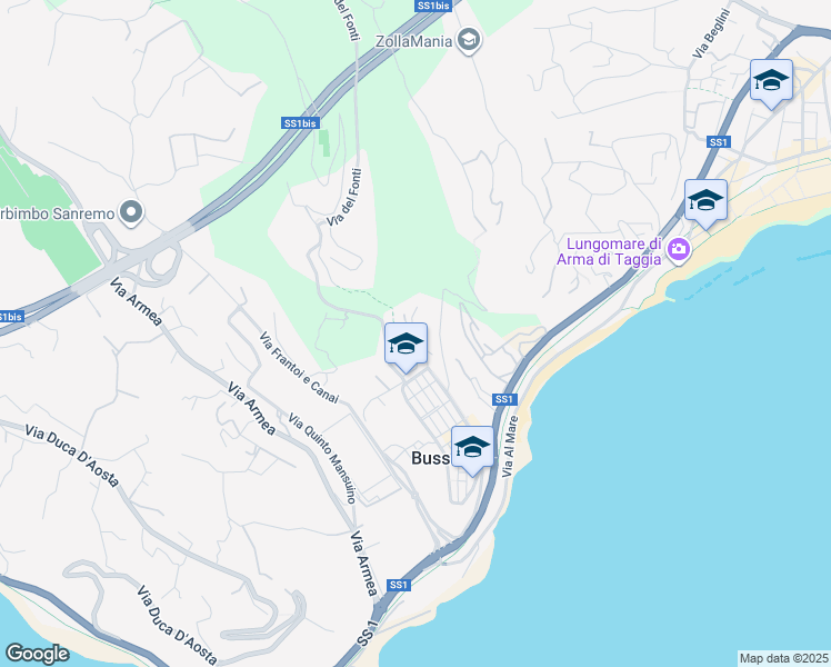 map of restaurants, bars, coffee shops, grocery stores, and more near 8 Via Circonvallazione in Bussana