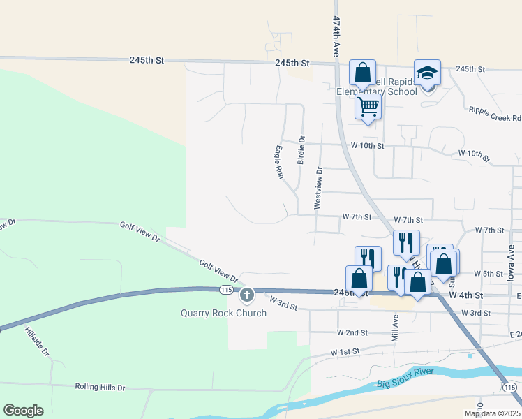 map of restaurants, bars, coffee shops, grocery stores, and more near East 7th Street in Dell Rapids