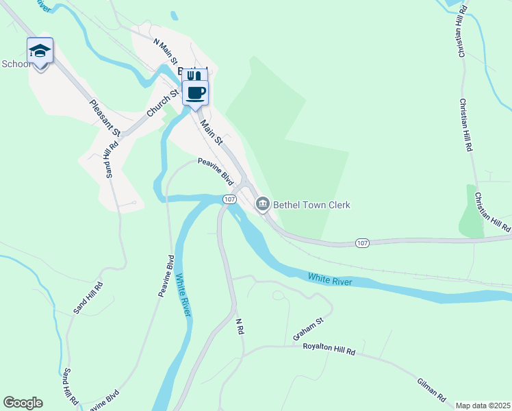 map of restaurants, bars, coffee shops, grocery stores, and more near 102 South Main Street in Bethel