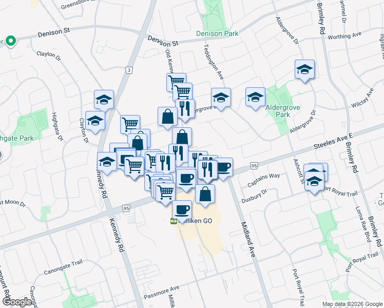 map of restaurants, bars, coffee shops, grocery stores, and more near 79 Old Kennedy Road in Markham