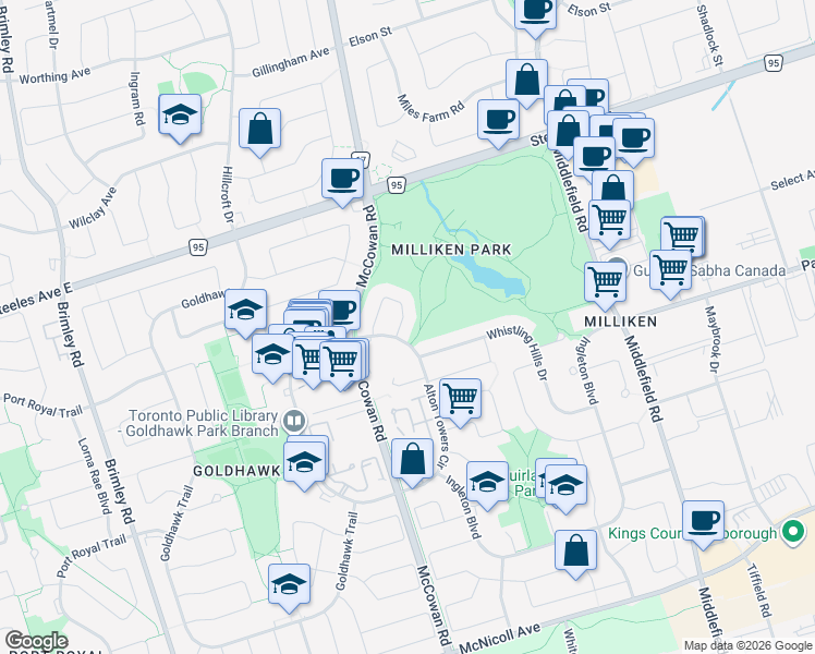 map of restaurants, bars, coffee shops, grocery stores, and more near 98 Seamist Crescent in Toronto