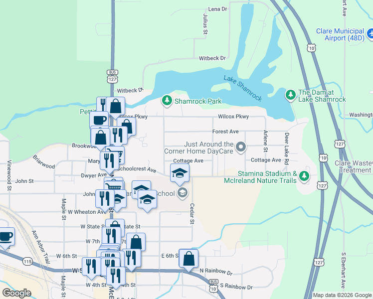 map of restaurants, bars, coffee shops, grocery stores, and more near 400 Orchard Avenue in Clare