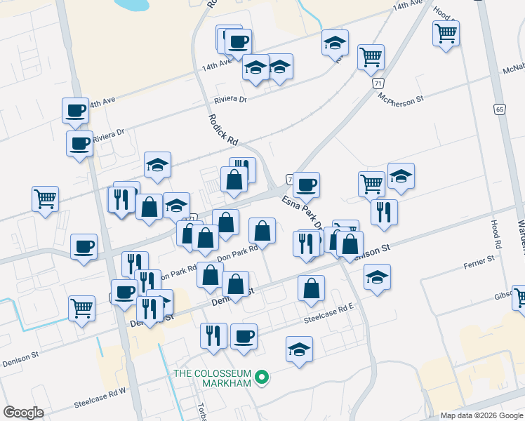 map of restaurants, bars, coffee shops, grocery stores, and more near 51 Esna Park Drive in Markham