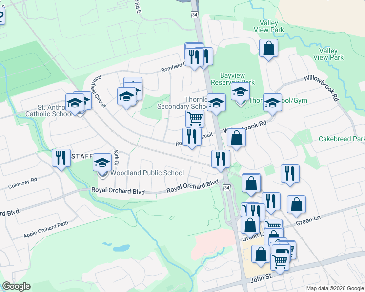 map of restaurants, bars, coffee shops, grocery stores, and more near 33 Romfield Circuit in Markham