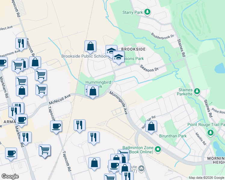map of restaurants, bars, coffee shops, grocery stores, and more near 2885 Morningside Avenue in Toronto