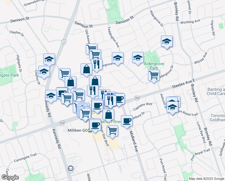 map of restaurants, bars, coffee shops, grocery stores, and more near 2 Sun Yat-Sen Avenue in Markham