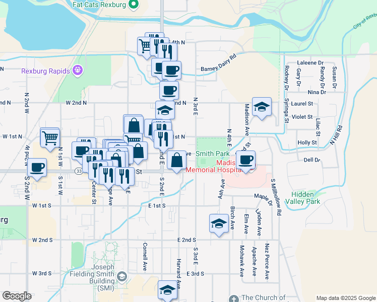 map of restaurants, bars, coffee shops, grocery stores, and more near 37 North 3rd East in Rexburg