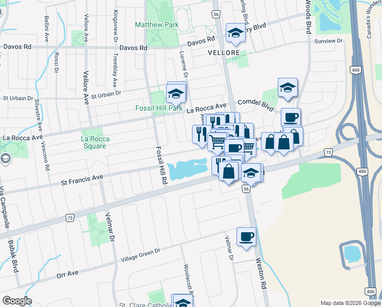 map of restaurants, bars, coffee shops, grocery stores, and more near 91 Alba Avenue in Vaughan