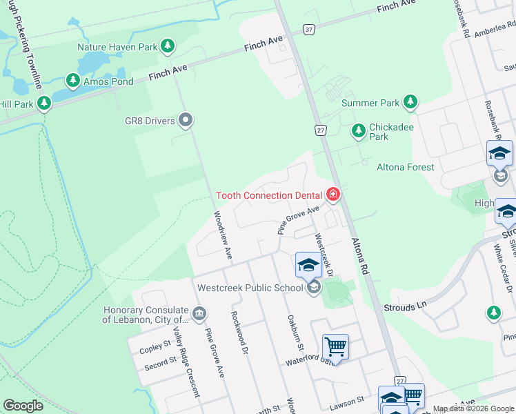 map of restaurants, bars, coffee shops, grocery stores, and more near 1595 Deerhurst Court in Pickering