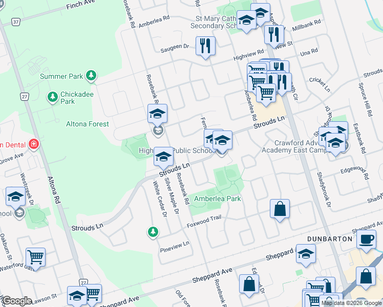 map of restaurants, bars, coffee shops, grocery stores, and more near 1819 Post Drive in Pickering