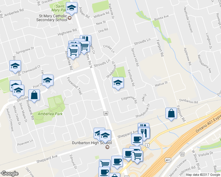 map of restaurants, bars, coffee shops, grocery stores, and more near 1778 Meadowview Avenue in Pickering