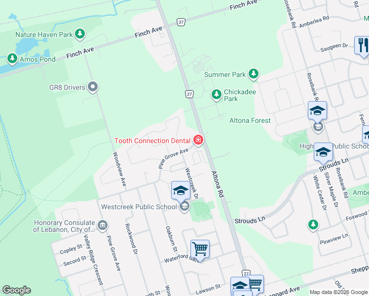map of restaurants, bars, coffee shops, grocery stores, and more near in Pickering